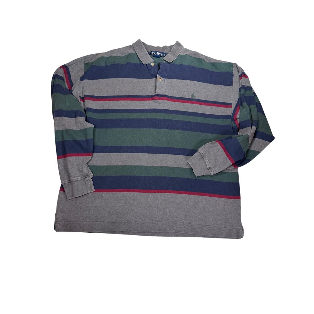 Vintage Nautica Polo Shirt Mens XL Striped Long Sleeve Rugby 90s Preppy
